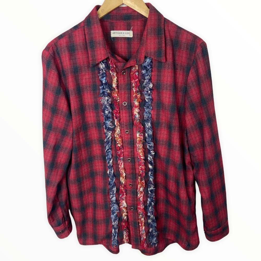 Anthropologie Artisan De Luxe Plaid Ruffle Shirt Red Western Bohemian Size Large - Picture 2 of 8